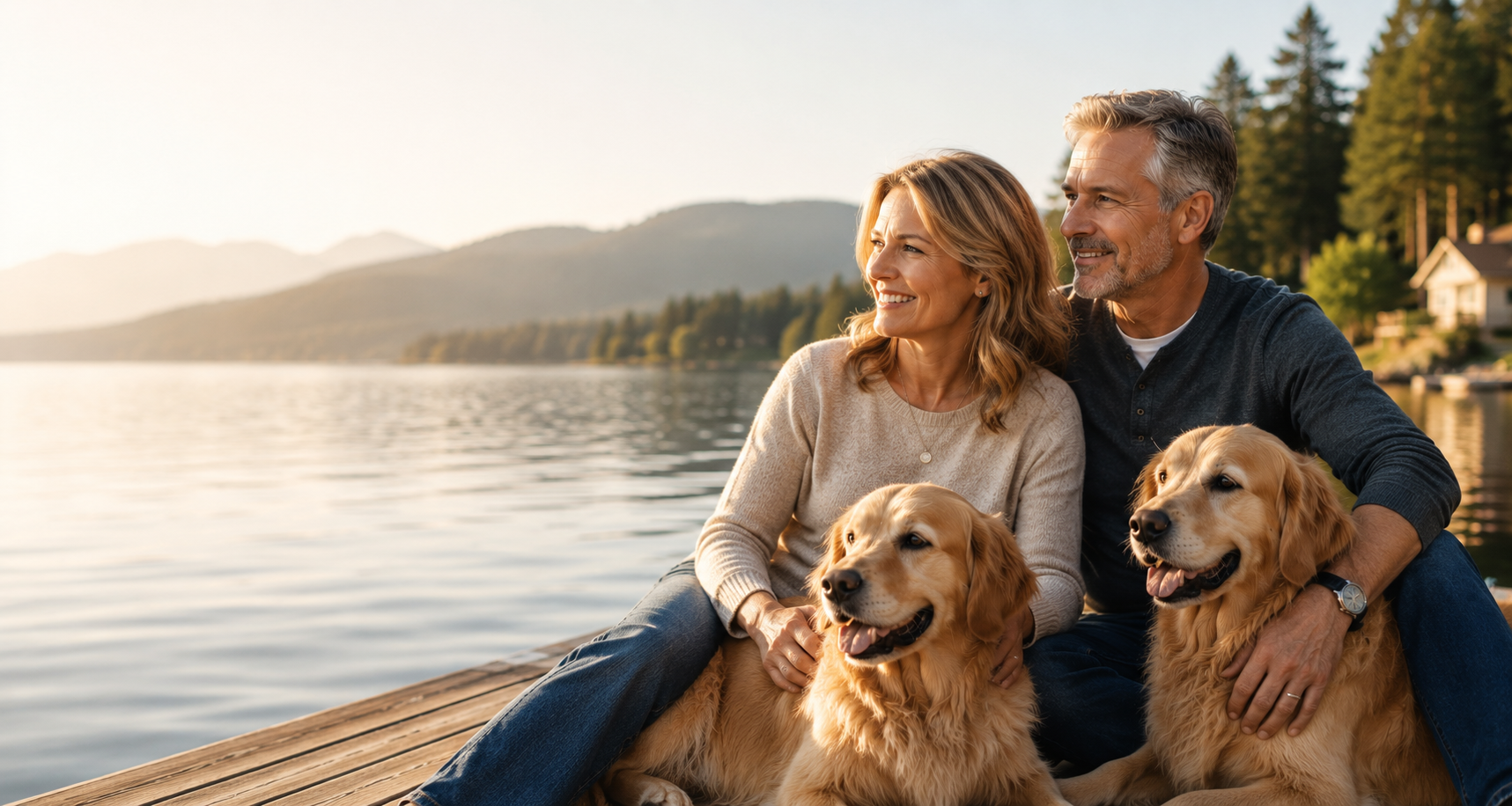 A retired couple walking together at golden hour