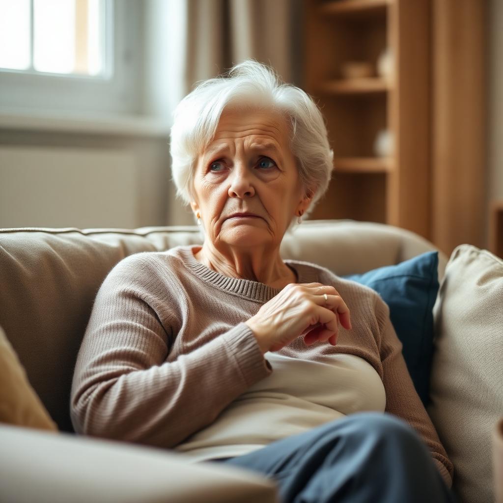 A concerned senior woman thinking about long-term care planning