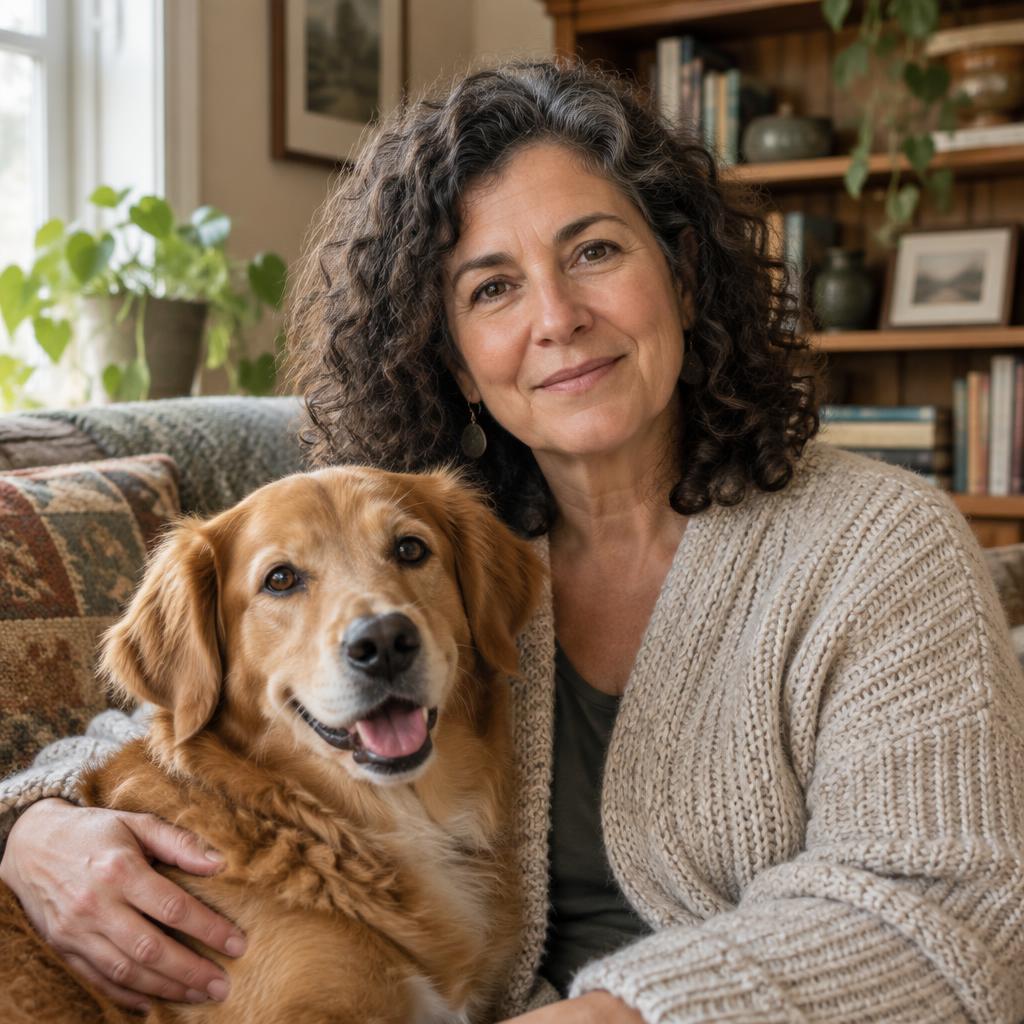 A woman in her late fifties relaxing at home with her dog
