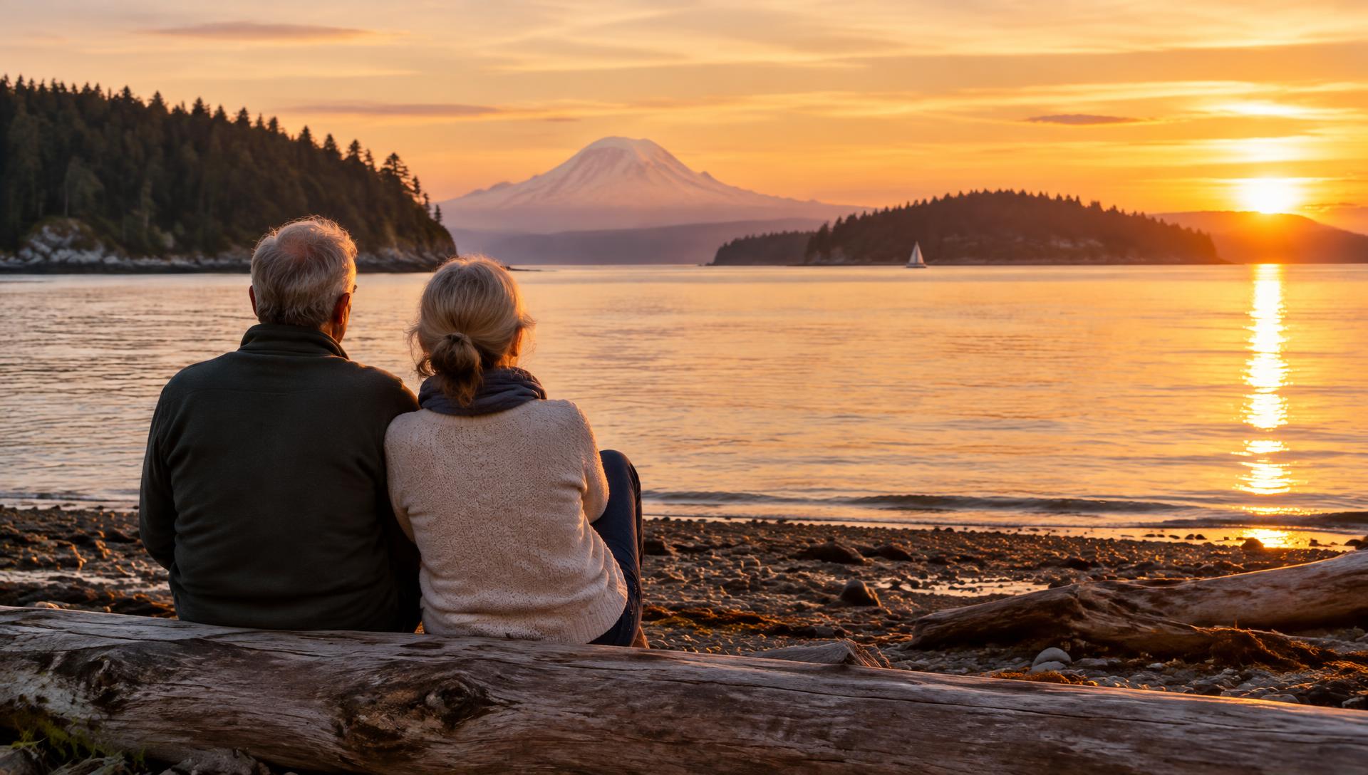 A retired couple sitting together on a driftwood log at sunset with Mount Rainier across Puget Sound